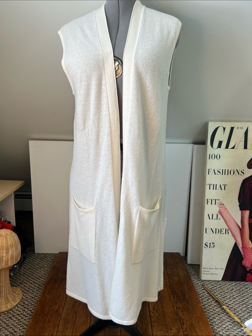 Christopher Fisher Cashmere Cream Sleeveless Open-Front Long Cardigan